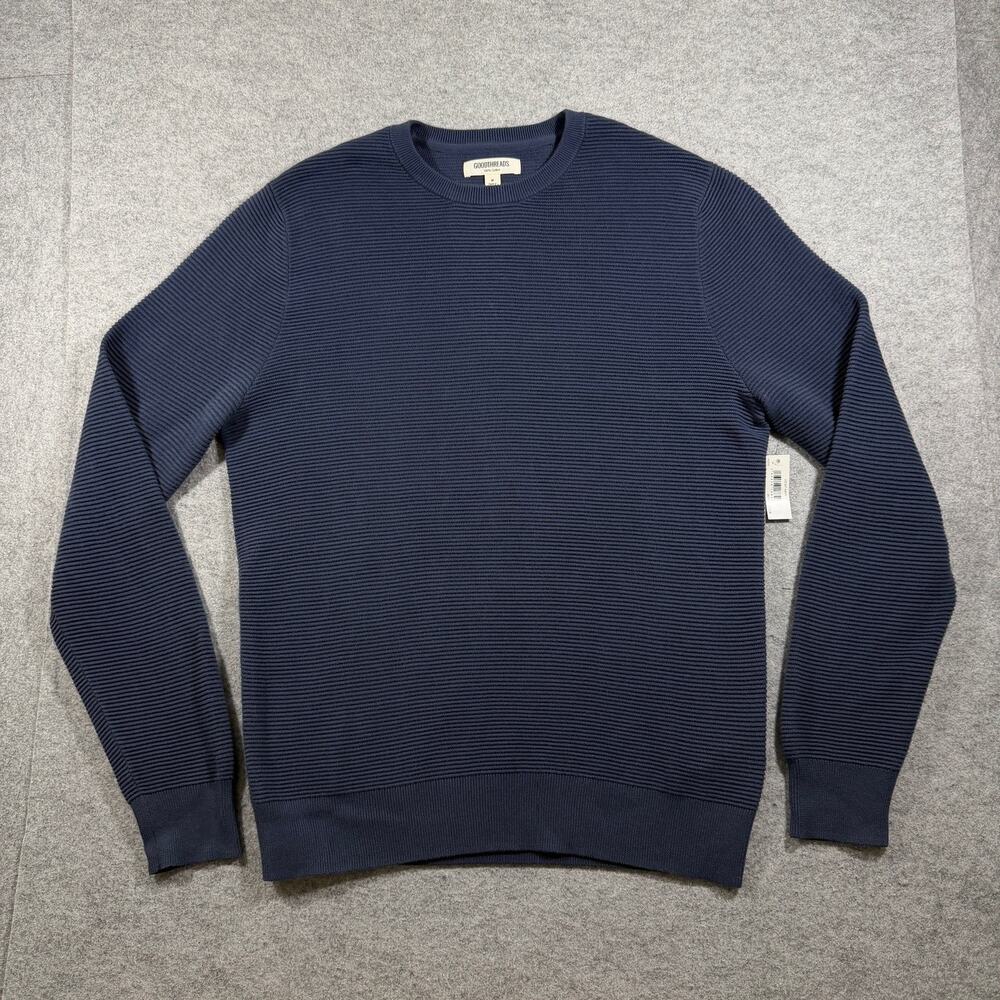 Goodthreads Sweater Mens M Navy Crew Neck Textured Knit 100% Cotton NWT